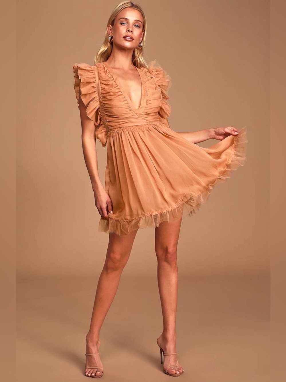 Lulus M NWT Mini Rose Pink Nude Dress Romper Romantic Ruffle Short Sleeve Hoco